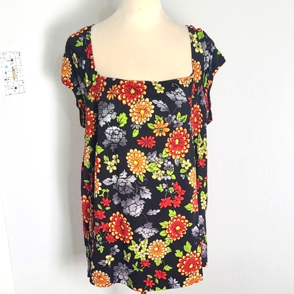 R.Q.T. Black Tunic Top with Colorful Flowers, Square Neckline, Size XL